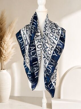 Italy Roma Navy and White Logo Silk Scarf